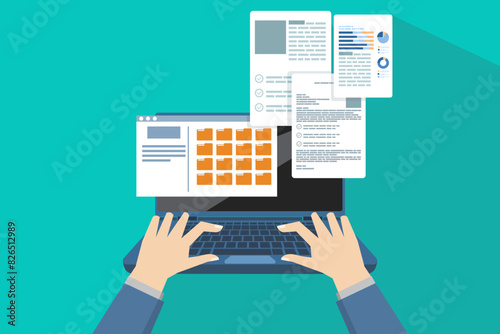 File manager or document storage concept, Laptop files and documents, Email Attachment Files, Online communication, Checking New Emails on Laptop Screen Display. flat vector illustration on background