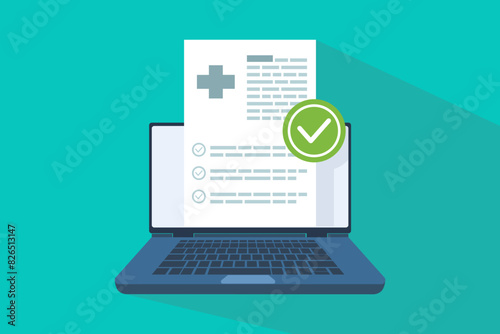 Concept Digital document of medical prescription or online test result report on laptop computer screen image, pc with online healthy electronic checklist from, remote internet medicine.
