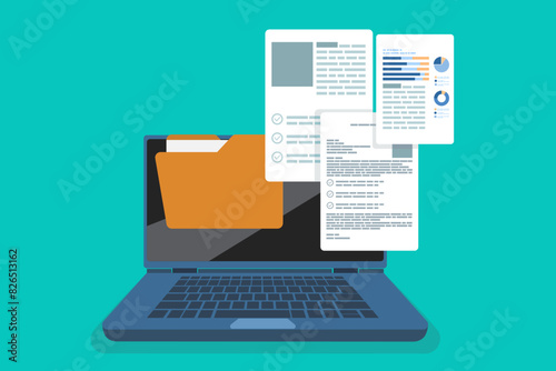 File manager or document storage concept, Laptop files and documents, Email Attachment Files, Online communication, Checking New Emails on Laptop Screen Display. flat vector illustration on background