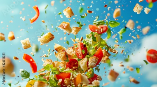 Playful and Engaging Advertising Banner Featuring Tossed Panzanella Ingredients as Confetti Against a Sky Blue Background