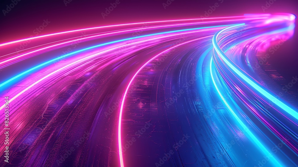 Curved neon light streaks, pink and blue hues, digital illustration, high detail, abstract design Curved neon light streaks, pink and blue hues, digital illustration, high detail, abstract design