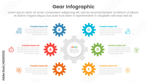 gear cogwheel infographic template banner with circular cycle on center with 6 point list information for slide presentation