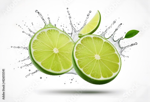 Lemon water splash isolated on a white transparent background, png. Lemon fruit slice, leaves, and water splash. background water wave, citrus piece, and mint foliage flying