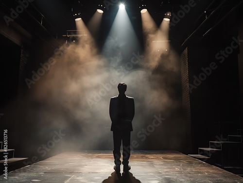 A stark, black box theater stage, minimally lit with overhead spotlights on an actor delivering a powerful monologue, emphasizing the intensity of the performance