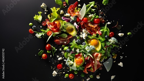 Elegant and Dramatic Cobb Salad Ingredients Floating Against Black Background for Premium Restaurant Menu Design