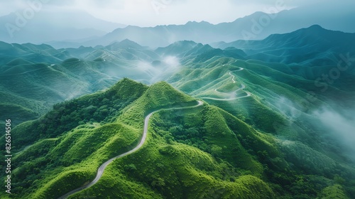 Aerial view of winding mountain roads with lush greenery focus on, nature escape, futuristic, Double exposure, mountain range