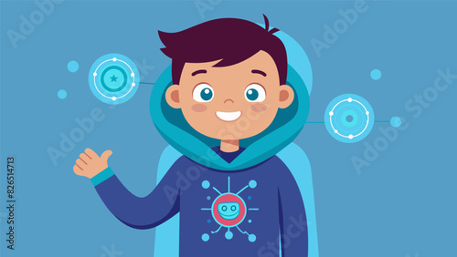 A young boy smiling as he shows off his interactive smart hoodie which changes colors and patterns with a touch of a button.. Vector illustration