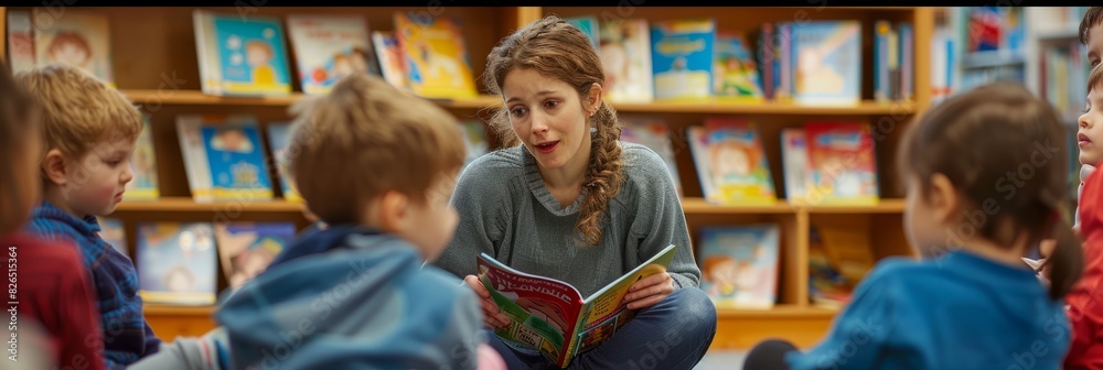 Librarian reading to children during storytime in a library setting