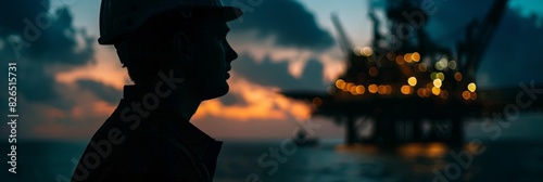 A silhouette of a man standing in front of an oil rig at night under dramatic lighting photo