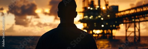 A man silhouetted against an oil rig during dusk, with dramatic sky in the background