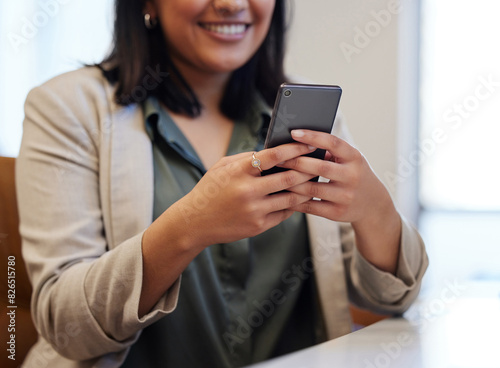 Typing, business woman and smartphone in office with smile for social media post, communication or chat. Online conversation, female person and mobile tech in workplace happy for internet contact