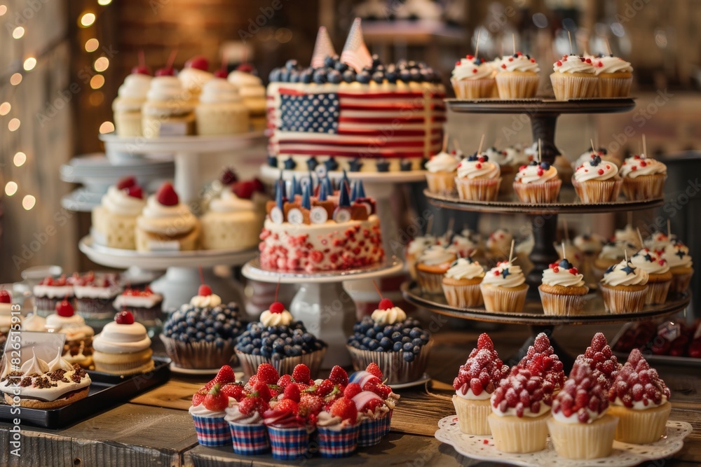 Indulge in a delightful display of American flag-themed cakes, cupcakes, and an assortment of patriotic treats. Indulge in a delightful display of American flag-themed cakes, cupcakes, and an assortment of patriotic treats.
