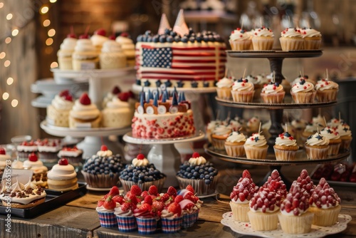 Indulge in a delightful display of American flag-themed cakes, cupcakes, and an assortment of patriotic treats.