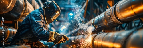 A welder in a factory diligently connects metal pipes, sparks flying in the air as they meticulously craft a secure bond photo