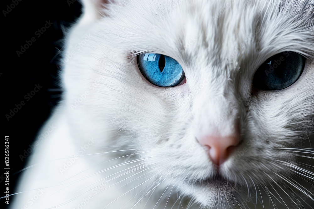 A close-up portrait of a white cat with intense blue eyes, highlighting its detailed fur and striking gaze against a dark backdrop. A close-up portrait of a white cat with intense blue eyes, highlighting its detailed fur and striking gaze against a dark backdrop.