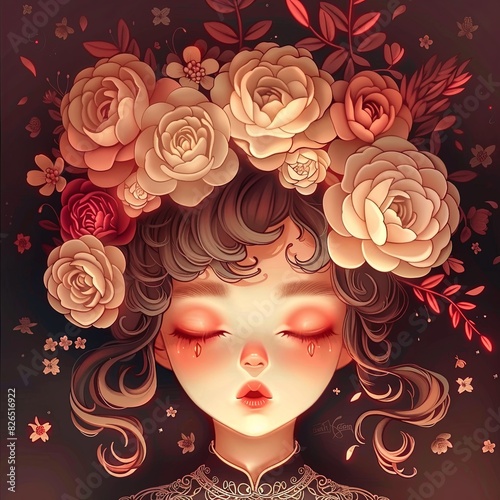 A girl adorned with vibrant flowers in her hair © Leli