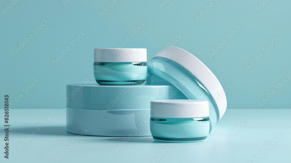 Three small blue containers of makeup sit on a blue surface Three small blue containers of makeup sit on a blue surface
