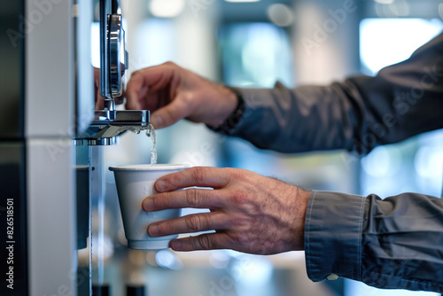 employee's hands filling a cup from a water dispenser in an office