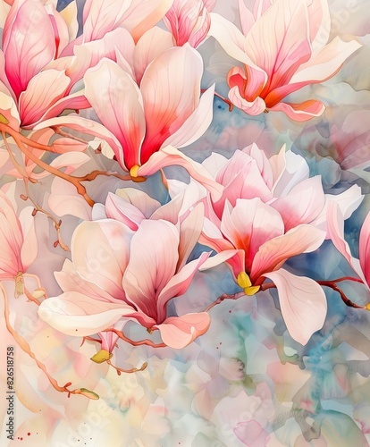 Blooming Magnolias in a Vibrant Watercolor Painting on Canvas