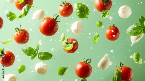 Dynamic Fresh Advertisement with Bouncing Tomatoes, Mozzarella, and Basil Leaves on Bright Green Background - Ideal for Health and Nutrition Marketing Design