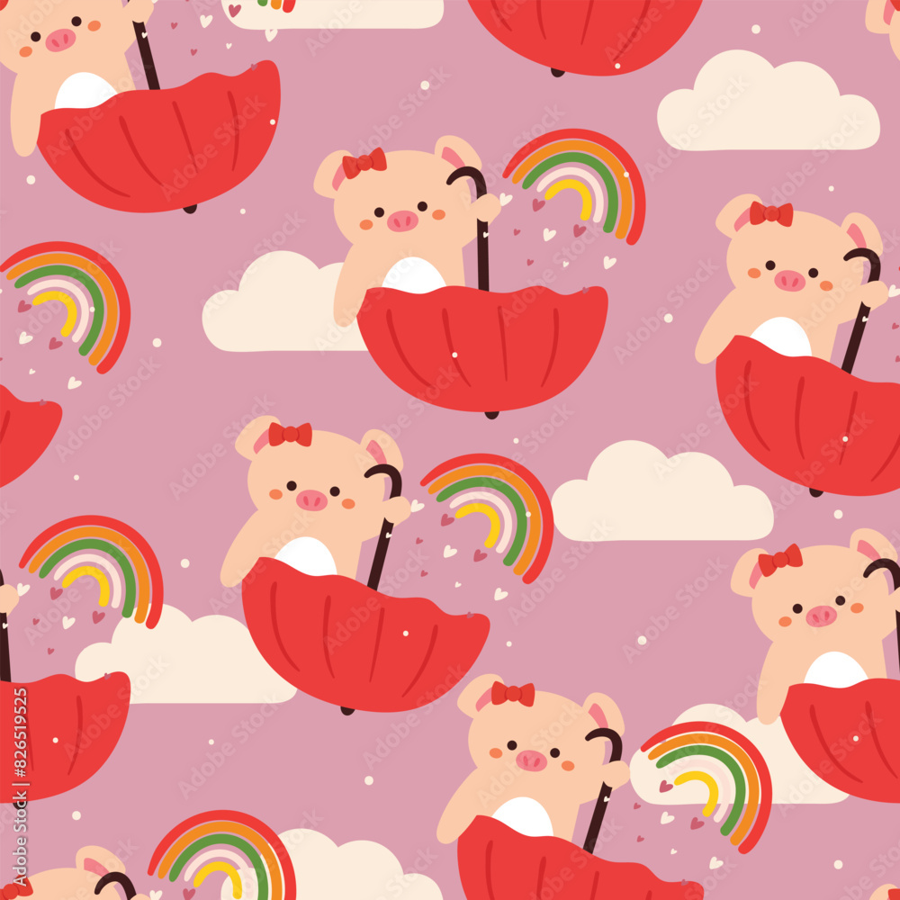 Obraz premium seamless pattern cartoon pig and sky element. cute animal wallpaper for textile, gift wrap paper