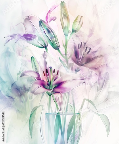 Beautiful  Lilies in a Glass Vase With Watercolor Background