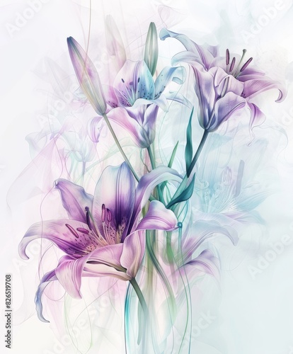 Beautiful  Lilies in a Glass Vase With Watercolor Background