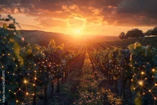 Artistic rendering of a vineyard with rows of grapevines in perfect hexagons and a large circular sun setting in the sky,