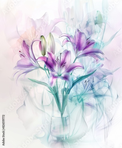 Beautiful  Lilies in a Glass Vase With Watercolor Background