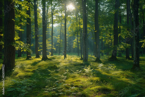 Scene of a forest glade with rectangular tree trunks and triangular leaves, bathed in the light of a circular sun, photo
