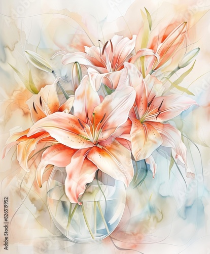 Beautiful  Lilies in a Glass Vase With Watercolor Background