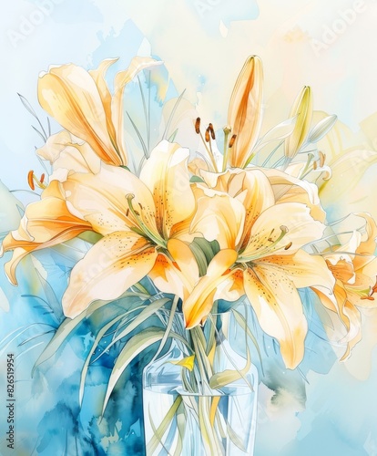 Beautiful  Lilies in a Glass Vase With Watercolor Background