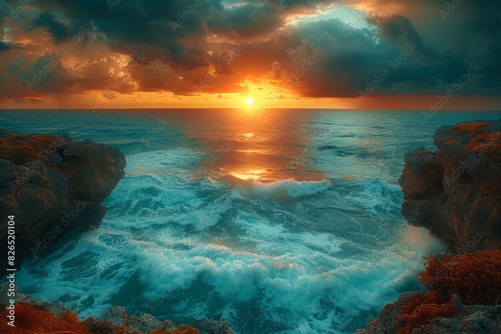 Image of a coastal scene with cubic rocks, triangular waves, and a rectangular sun rising over the horizon,