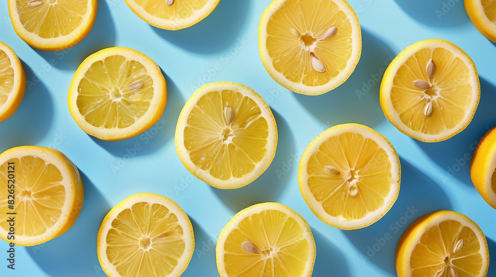 Obraz premium Fresh lemons fruit arranged in a beautiful pattern on a light blue background.
