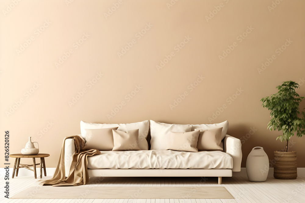 Modern living room features a cozy beige sofa against a blank beige wall, showcasing a boho interior design. Modern living room features a cozy beige sofa against a blank beige wall, showcasing a boho interior design.