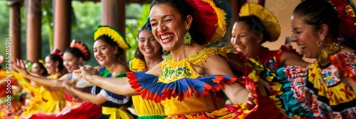 Women in vibrant costumes dancing energetically, performing traditional Latin American dances with infectious laughter
