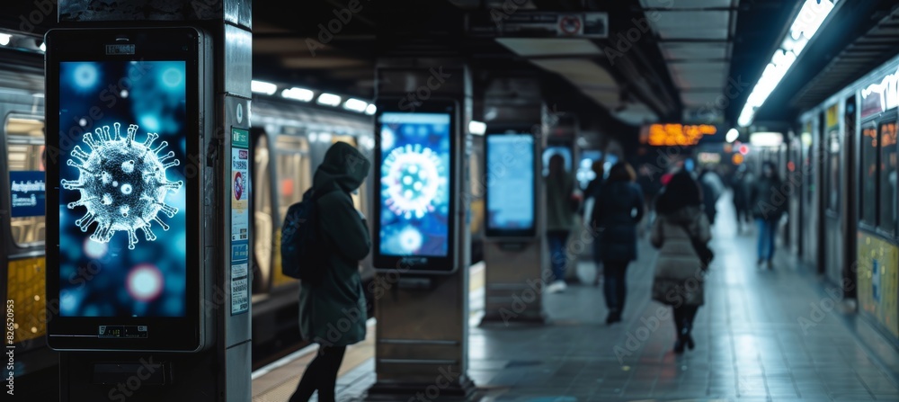Fototapeta premium Public Service Announcement Poster Against Virus Misinformation at Subway Station for Health Awareness