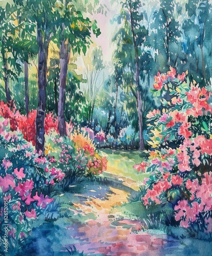 Lush Flower Garden in Full Bloom With Pathway Through Forested