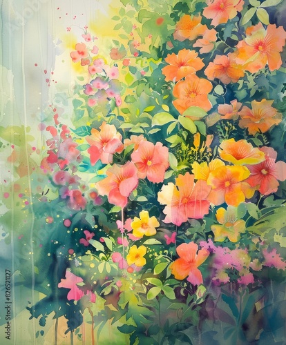 Lush Flower Garden in Full Bloom With Pathway Through Forested