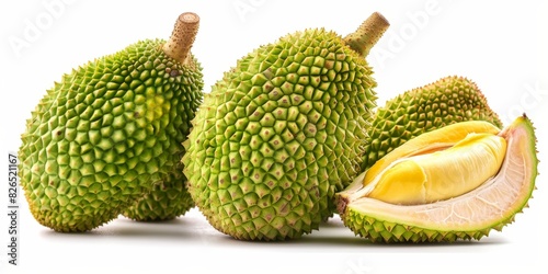 Jackfruit with green bumpy skin, isolated on white background, ideal for fruit catalogs, clean and detailed, room for copy