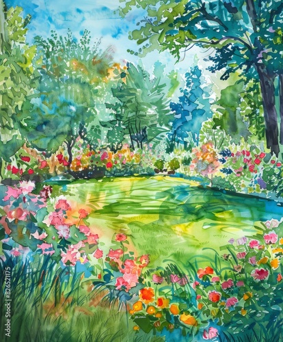 Lush Flower Garden in Full Bloom With Pathway Through Forested