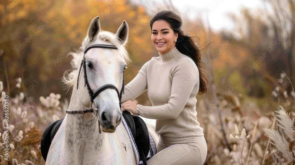 Obraz premium a woman, adorned in black riding boots and beige leggings, and her horse as she affectionately pets it, smiling warmly at the camera.