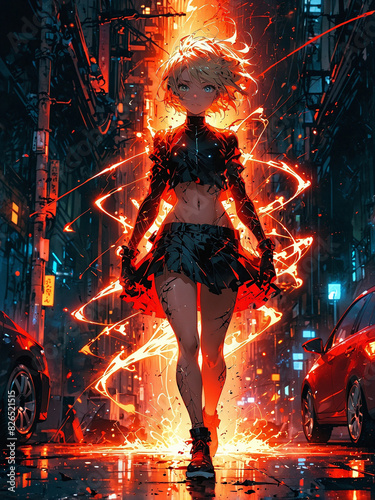 Cyberpunk Woman with Glowing Suit in Neon-Lit Cityscape
