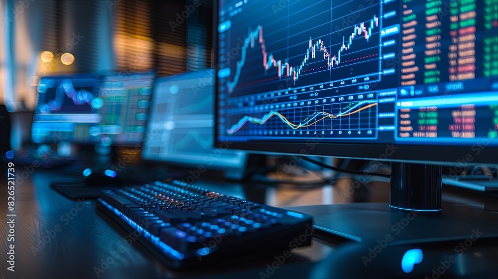 Close-up of Economic Growth Graph in Green and Blue Colors Displayed on a Computer Screen in a Modern Office Setting. Detailed and Candid Representation of Business Analytics and Market Trends. Close-up of Economic Growth Graph in Green and Blue Colors Displayed on a Computer Screen in a Modern Office Setting. Detailed and Candid Representation of Business Analytics and Market Trends.