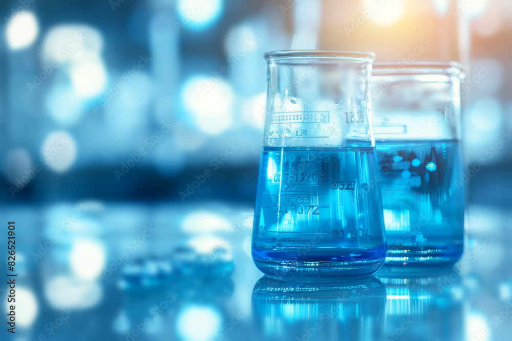 Blue liquid in beaker with bokeh background Blue liquid in beaker with bokeh background