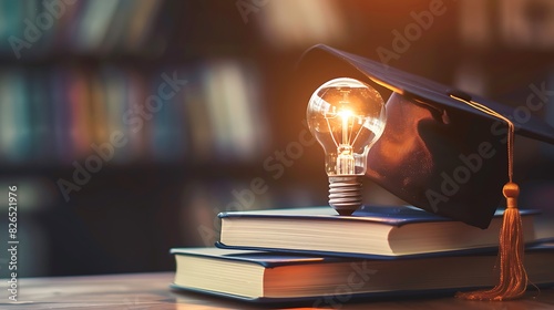 E-learning graduate certificate program concept lightbulb on the book with graduation hat and education icons Internet education course degree Idea of learning online class 