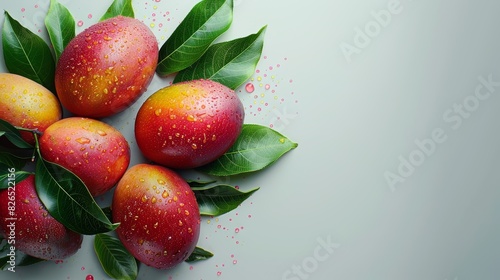 Freshly harvested Okrong mango with leaves, isolated on white background, perfect for organic fruit displays, clean and natural look, room for copy photo