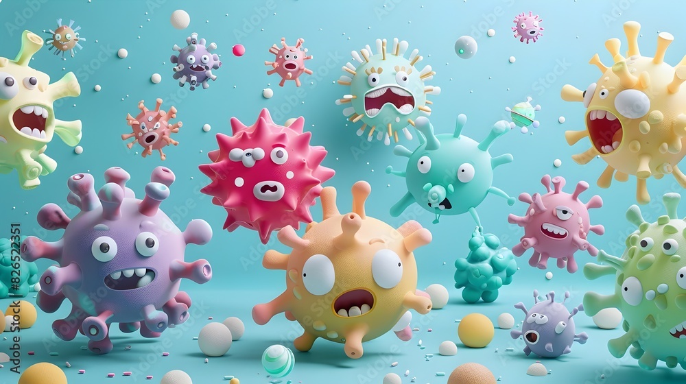 Obraz premium Playful Virus Characters A Vibrant Series Visualizing Unseen Microbes with Pastel Hues and Cosmic Themes