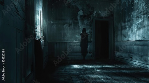 Poto of a ghost in an abandoned house, shadow in the darkness