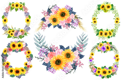 Spring template wreath bouquet frame beautiful flower Rose, Sunflower, Meadow Field, Fruit Berries isolated on white